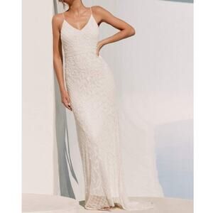 NEW Lulus Bridal Cherished Vow White Beaded Backless Mermaid Wedding Gown Dress